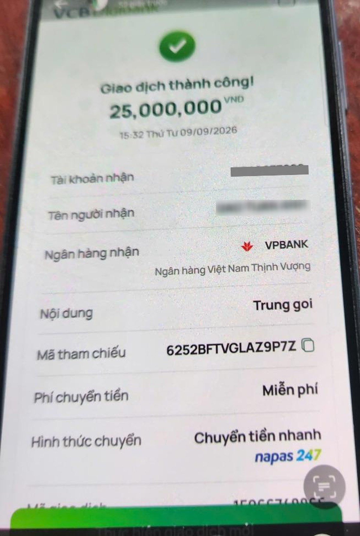 Công an xác minh giao dịch chuyển 25.000.000 đồng với nội dung "Trung goi"
