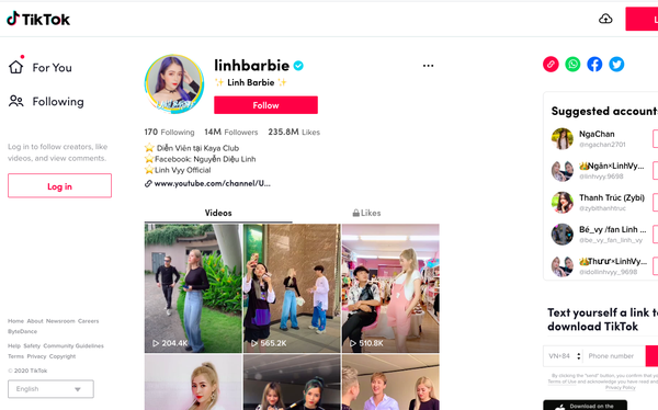 Linh Barbie (tên thật Nguyễn Thị Diệu Linh) đang là giữ ngôi vị quán quân về lượng người theo dõi với 14 triệu người. Linh Barbie (tên thật Nguyễn Thị Diệu Linh) đang là giữ ngôi vị quán quân về lượng người theo dõi với 14 triệu người.