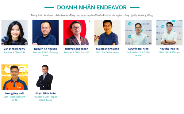 Doanh nhân Endeavor tại Việt Nam (chưa cập nhật Founder kiêm CEO NextPay - Nguyễn Hữu Tuất). Doanh nhân Endeavor tại Việt Nam (chưa cập nhật Founder kiêm CEO NextPay - Nguyễn Hữu Tuất).
