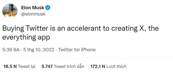 Bài đăng trên Twitter của Elon Musk. Ảnh: Chụp màn hình.