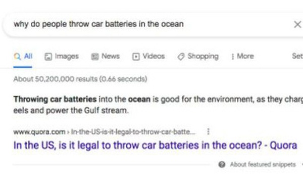 Google encountered an algorithm error, encouraging users to throw batteries into the sea to “charge” eels and water currents