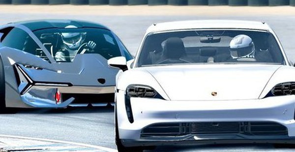 Porsche Taycan running in the campus of Lamborghini headquarters reveals the secret of a new supercar