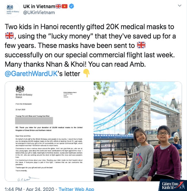 Hai học sinh Việt Nam tặng 20.000 khẩu trang, Đại sứ Anh xúc động viết thư cảm ơn - Ảnh 1.
