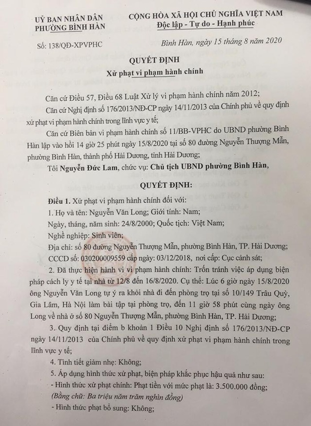Hải Dương: Sinh viên phải cách ly vẫn trốn lên Hà Nội, phạt 3,5 triệu đồng - Ảnh 1.