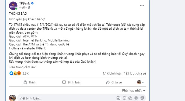 TPBank cùng nhiều ngân hàng gặp sự cố toàn hệ thống, người dùng hoang mang - Ảnh 1.