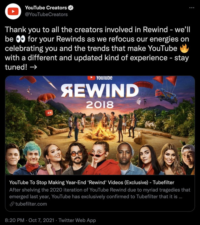 Dính dớp nặng, YouTube huỷ bỏ dự án YouTube Rewind sau chặng đường 10 năm - Ảnh 1.