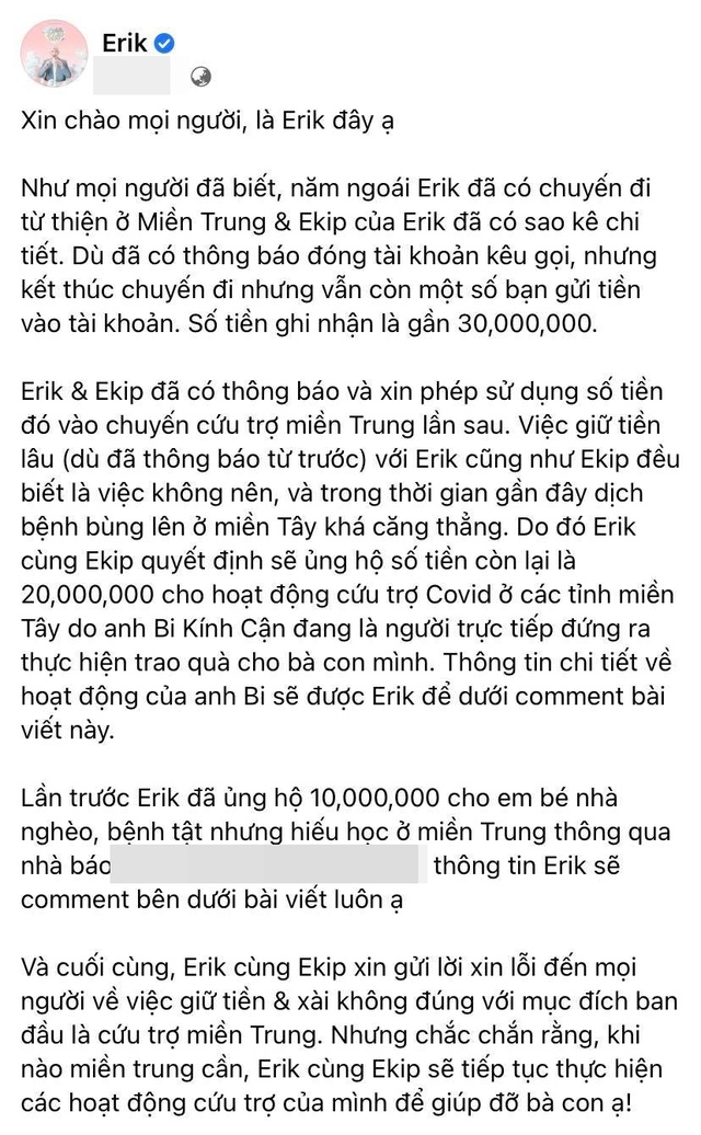 Erik đăng đàn xin lỗi vì sử dụng tiền quyên góp từ thiện miền Trung sai mục đích - Ảnh 1.