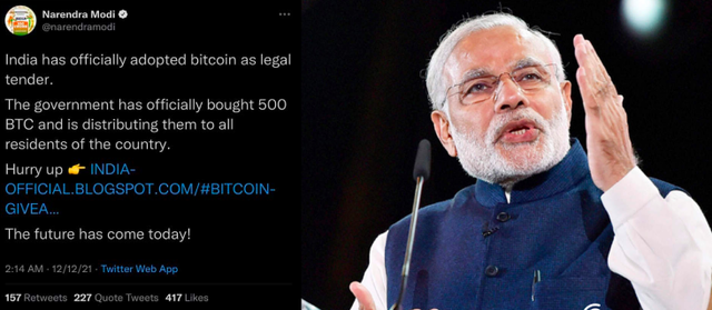 Thủ tướng Modi bị hack tài khoản Twitter, tuyên bố Ấn Độ đã chấp nhận và mua 500 Bitcoin - Ảnh 1.