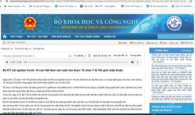  Website Bộ Khoa học&Công nghệ gỡ tin kit test Covid-19 của Cty Việt Á được WHO chấp thuận - Ảnh 1.