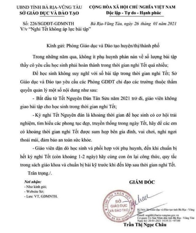 Một tỉnh ra văn bản yêu cầu không giao bài tập cho học sinh khi nghỉ Tết: Hãy để các em có thời gian sum họp bên gia đình - Ảnh 1.