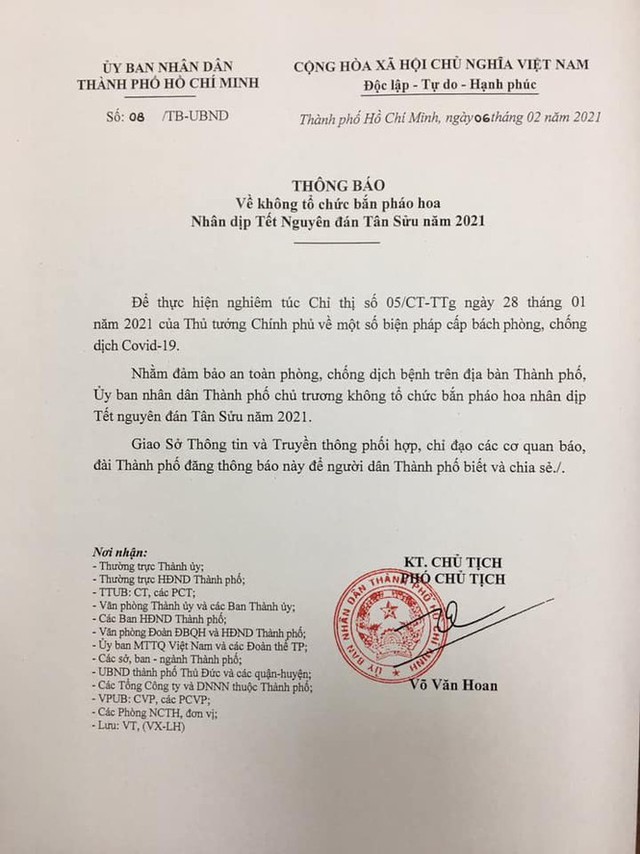 TPHCM không tổ chức bắn pháo hoa dịp Tết Tân Sửu 2021 - Ảnh 1.