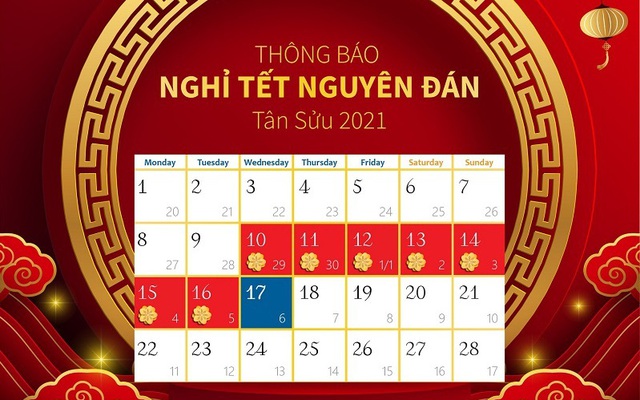 Các ngân hàng tại Việt Nam sẽ nghỉ Tết Nguyên đán Tân Sửu từ thứ Tư, ngày 10/2/2021 đến hết thứ Ba, ngày 16/2/2021.