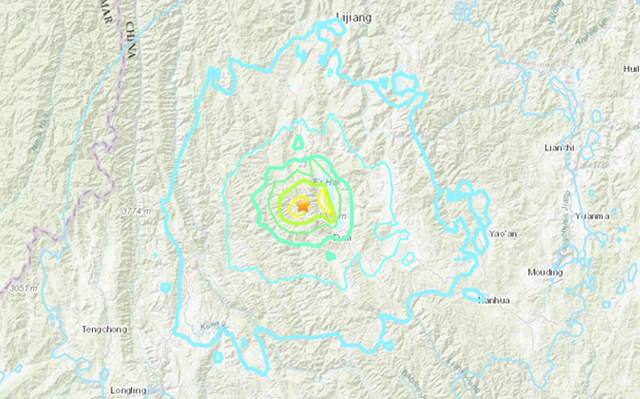 Bản đồ địa chấn tại Vân Nam, Trung Quốc (Nguồn: USGS)