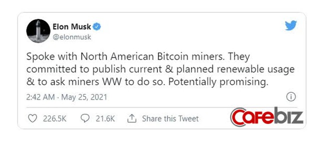 Sau khi chê Bitcoin hủy hoại môi trường, Elon Musk vừa có động thái tweet bảo vệ đồng tiền số, giá lại bật tăng - Ảnh 1.