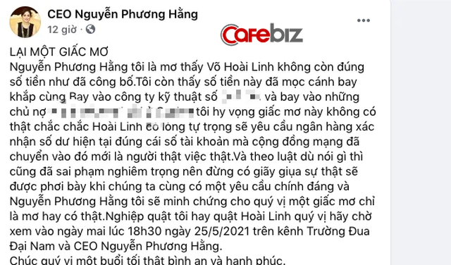 Bà Nguyễn Phương Hằng lại tuyên bố vừa “nằm mơ” thấy số tiền trong tài khoản từ thiện của NS Hoài Linh không như công bố, đã “mọc cánh” bay đi? - Ảnh 1.