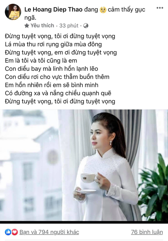 Hậu ly hôn được chia nghìn tỷ, bà Lê Hoàng Diệp Thảo đăng trạng thái gục ngã, mượn lời bài hát bóng gió số phận của mình  - Ảnh 1.