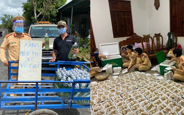 Lực lượng CSGT Công an tỉnh Gia Lai nấu xôi, phát xăng cho người dân về quê. Ảnh: Báo Dân Việt