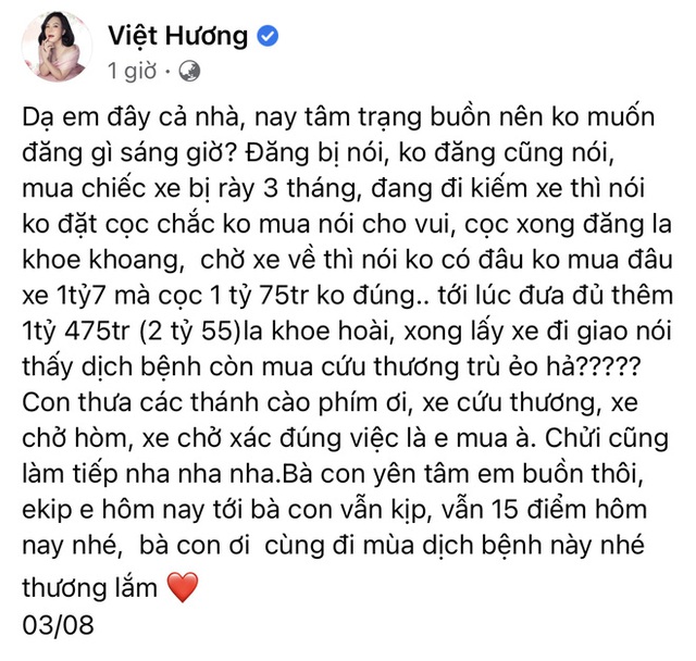 Giao xe cứu thương 2,55 tỷ cho ông Đoàn Ngọc Hải, NS Việt Hương phải lên tiếng cực căng vì bị chỉ trích nặng nề - Ảnh 1.