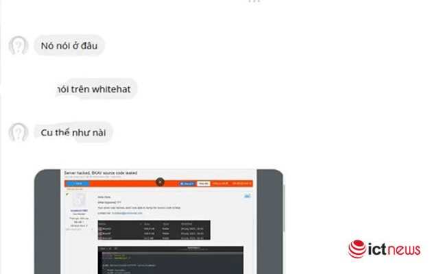 Một đoan chat nội bộ được cho là của Bkav do hacker tung lên sau vụ việc rò rỉ mã nguồn sản phẩm.