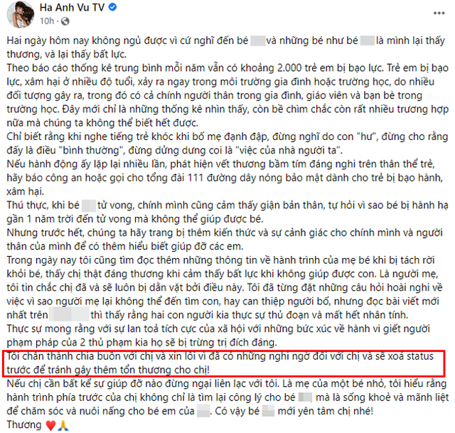 Sau hàng loạt chỉ trích, Hà Anh lên tiếng xin lỗi mẹ ruột bé gái 8 tuổi nghi bị bạo hành đến tử vong - Ảnh 1.