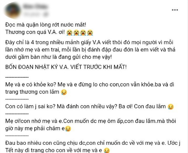 4 dòng nhật kí bé V.A viết trước khi bị dì ghẻ bạo hành tử vong: ‘Con có làm gì sai không mà dì lại đánh con nhiều vậy? Ba ơi, con đau lắm’ - Ảnh 1.