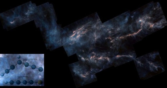 Cấu trúc hai phân tử hữu cơ (ảnh nhỏ) và đám mây phân tử Kim Ngưu 1 - Ảnh: NASA/VIỆN VẬT LÝ CƠ BẢN