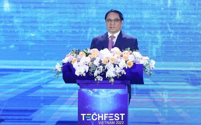 Thủ tướng phát biểu tại Chương trình "Dấu ấn - Ngày hội khởi nghiệp đổi mới sáng tạo quốc gia - Techfest 2022" - Ảnh: VGP/Nhật Bắc.