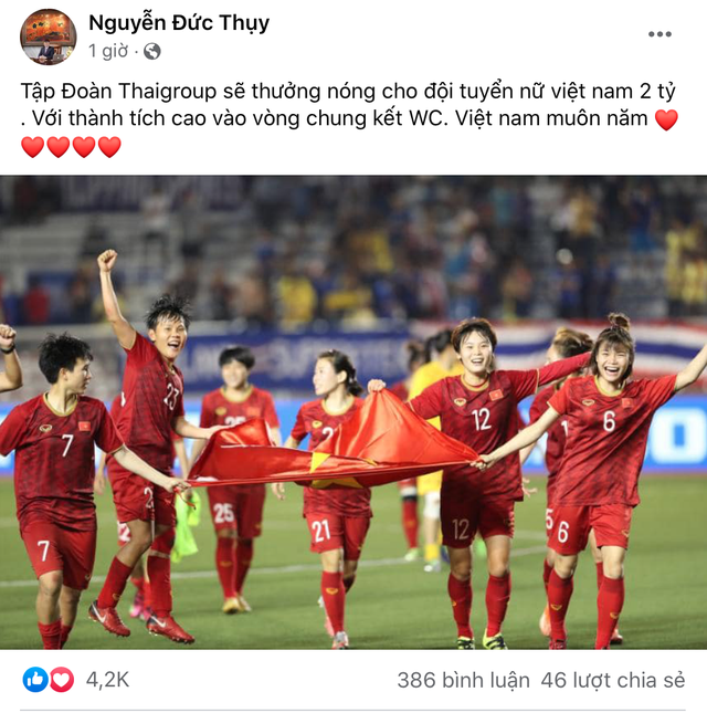 ĐT nữ Việt Nam vào chung kết World Cup, bầu Thuỵ thưởng nóng luôn 2 tỷ đồng - Ảnh 1.