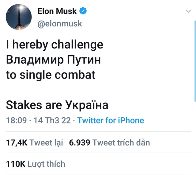  Elon Musk thách Tổng thống Putin đấu tay đôi với phần thưởng là Ukraine  - Ảnh 2.