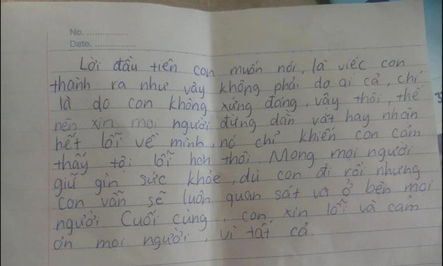  Xót xa thư tuyệt mệnh của nữ sinh lớp 8 tự tử: Vì con không xứng đáng - Ảnh 1.