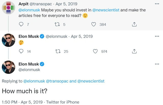 Elon Musk hỏi giá mua lại tạp chí New Scientist ngay trên Twitter - Ảnh 1.