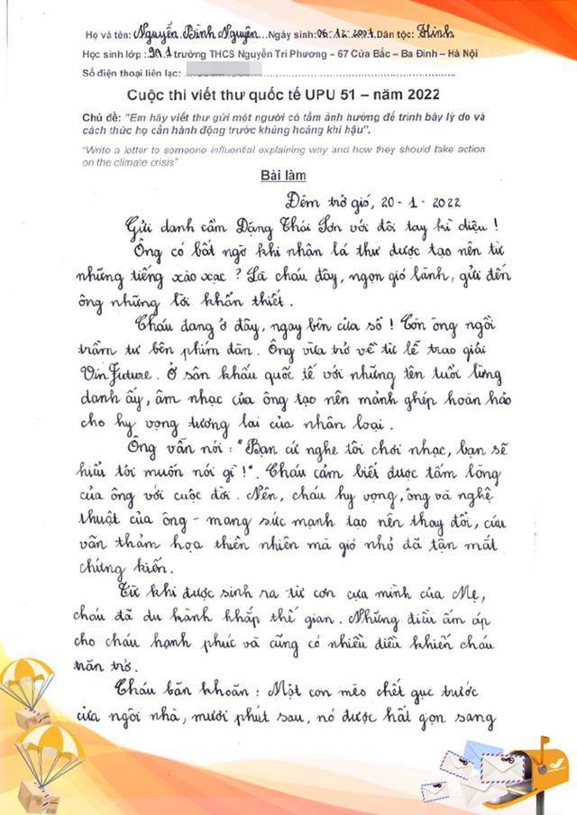 The touching letter of the male student who won the first prize in UPU International Letter Writing: Everyone who reads must be surprised!  - Photo 2.