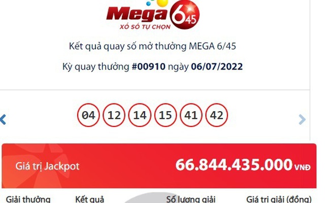 Kết quả xổ số Vietlott Mega 6/45 tối 6/7, Vietlott đã tìm được duy nhất một chiếc vé trúng Jackpot trị giá hơn 66 tỷ đồng.