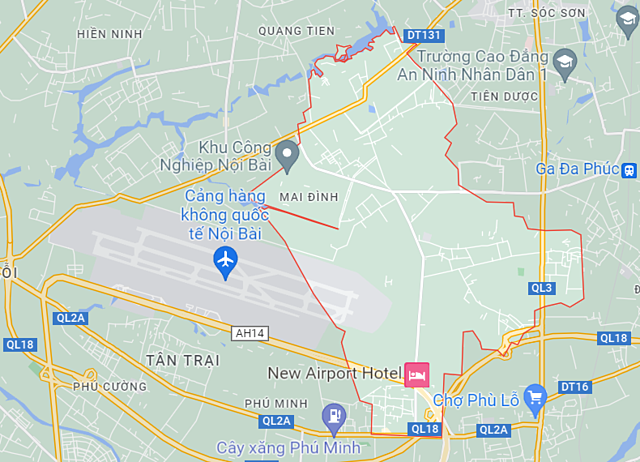 Vị trí xã Mai Đình liền kề với Cảng hàng không Quốc tế Nội Bài. Ảnh: Google Maps.