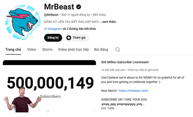 MrBeast cán mốc 500 triệu người đăng ký, lập kỷ lục chưa từng có trên YouTube - Ảnh 2. MrBeast cán mốc 500 triệu người đăng ký, lập kỷ lục chưa từng có trên YouTube - Ảnh 2.