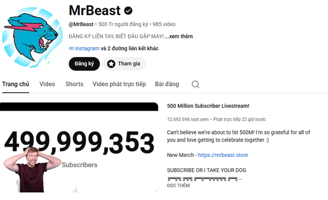 MrBeast cán mốc 500 triệu người đăng ký, lập kỷ lục chưa từng có trên YouTube - Ảnh 1. MrBeast cán mốc 500 triệu người đăng ký, lập kỷ lục chưa từng có trên YouTube - Ảnh 1.