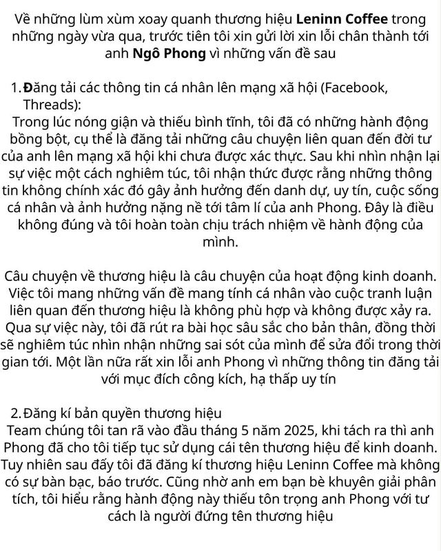 Vụ Leninn Coffee bị founder "từ mặt" đã ngã ngũ: Phía bị tố xin lỗi công khai, tuyên bố trả lại tên thương hiệu trong 2 tuần - Ảnh 2.