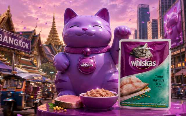 Chú mèo thần tài màu tím giữa Bangkok, khi một thương hiệu thức ăn thú cưng