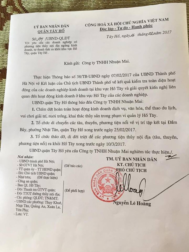 
Công văn của UBND quận Tây Hồ gửi các DN ngày 16/2 (ảnh Hải Minh - NDH)
