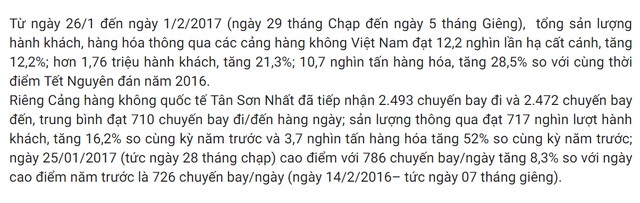 
Cảng hàng không quốc tế Tân Sơn Nhất tiếp nhận 786 chuyến bay trong ngày 25/01/2017. Nguồn: Cục Hàng không Việt Nam
