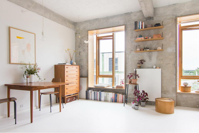 Căn hộ studio rộng 25m² không được chia nhỏ ra các phòng mà được phân vùng bằng chính nội thất cần thiết. Không gian rộng thoáng nhờ có cánh cửa sổ cao và rộng được lắp đặt chất liệu kính với khung gỗ thân thiện.