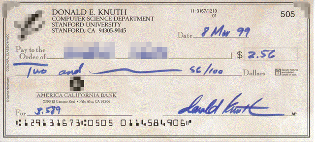 
Tờ séc chứng nhận Knuth Rewards Check.
