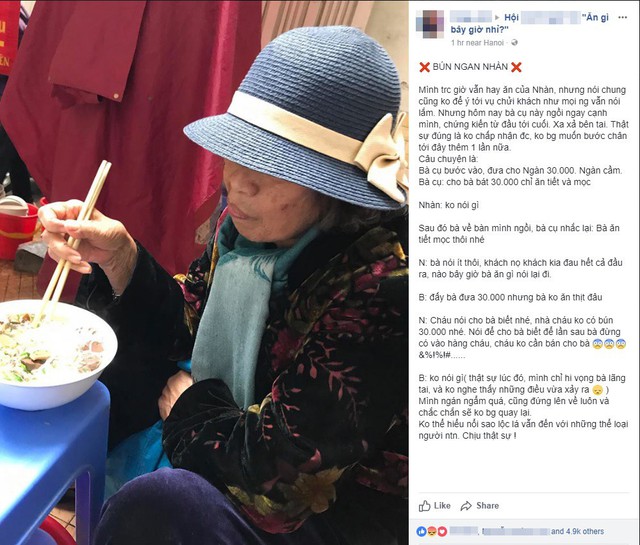 Chủ quán bún ngan Nhàn nổi tiếng Hà Nội bị tố mắng chửi cụ bà vì yêu cầu ăn tô 30 nghìn: Bà nói ít thôi, cháu không cần bán cho bà - Ảnh 1.