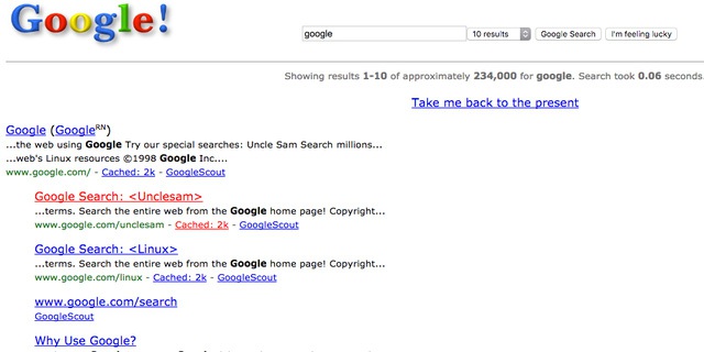 12. Tìm Google năm 1998 sẽ đưa bạn đến trang Google của 19 năm trước cùng với tiểu sử của công ty này.