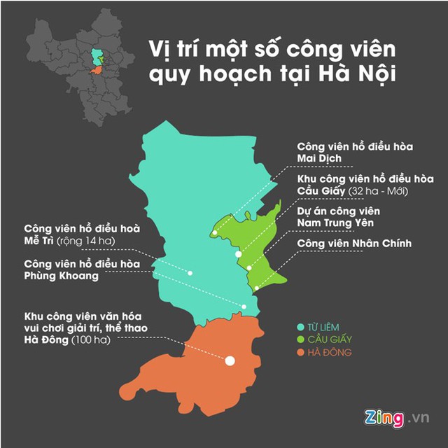 Vị trí một số công viên hồ điều hòa được quy hoạch tại Hà Nội. Đồ họa: Châu Châu.