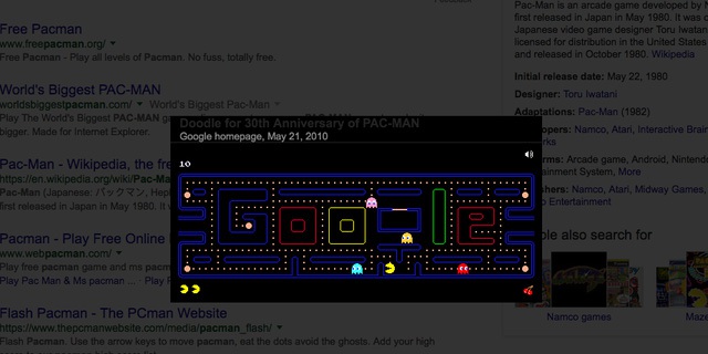 19. Google Pacman sẽ cho bạn chơi trò chơi huyền thoại này bởi họ đã tích hợp nó vào hệ thống Google Doodle từ 2010 để kỷ niệm 30 năm ngày ra mắt trò chơi này.