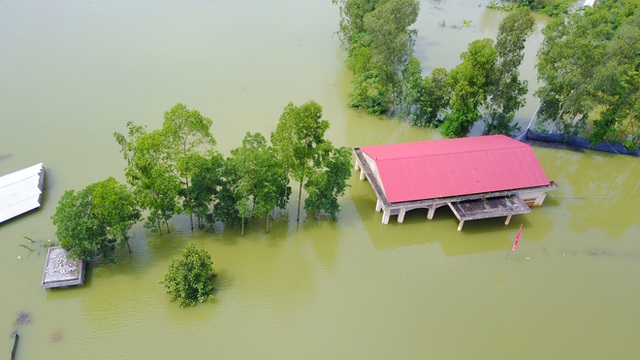 Nhà Văn hóa thôn Nam Hài nước ngập gần tới mái.
