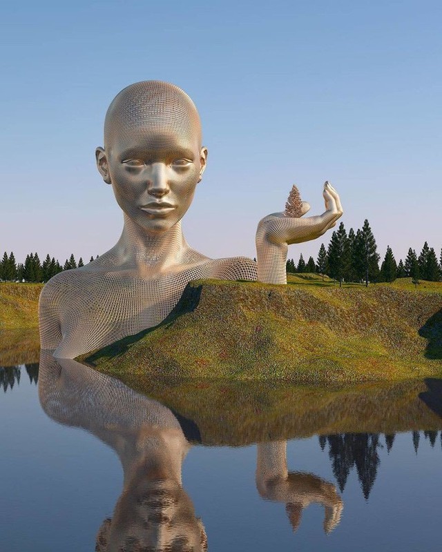 Chad thường đặt tác phẩm điêu khắc ảo của mình trên mặt nước để nó trở nên gần gũi với thực tế.