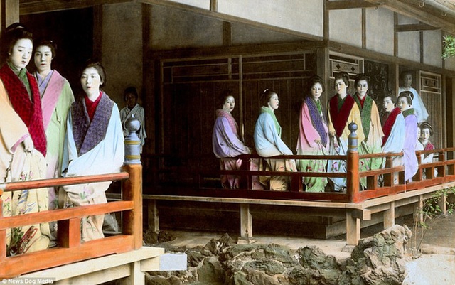 Các cô gái bán hoa đứng chào khách ở bên ngoài nhà thổ của khu Yoshiwara. Việc bắt các cô gái mại dâm đứng trưng bày trong lồng gỗ từng bị cấm vào năm 1919 do sự phản đối kịch liệt của cộng đồng quốc tế. Khu vực Yoshiwara đã đóng cửa vào năm 1958 khi chính phủ Nhật Bản ban hành lệnh cấm hoạt động mại dâm.