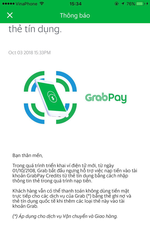 Ứng dụng Grab chính thức phát đi thông báo ngưng hỗ trợ nạp tiền GrabPay từ thẻ tín dụng - Ảnh 1.